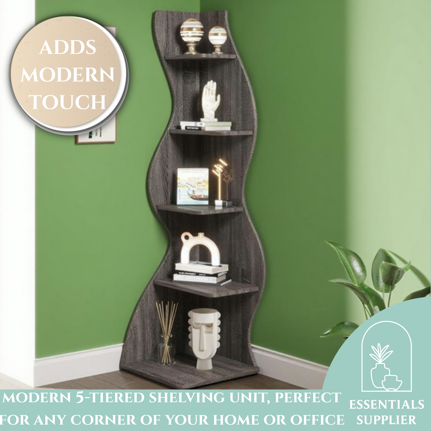 Dark Brown Wavy 5-Tier Corner Bookshelf – Modern Sculpted Bookcase Storage Rack
