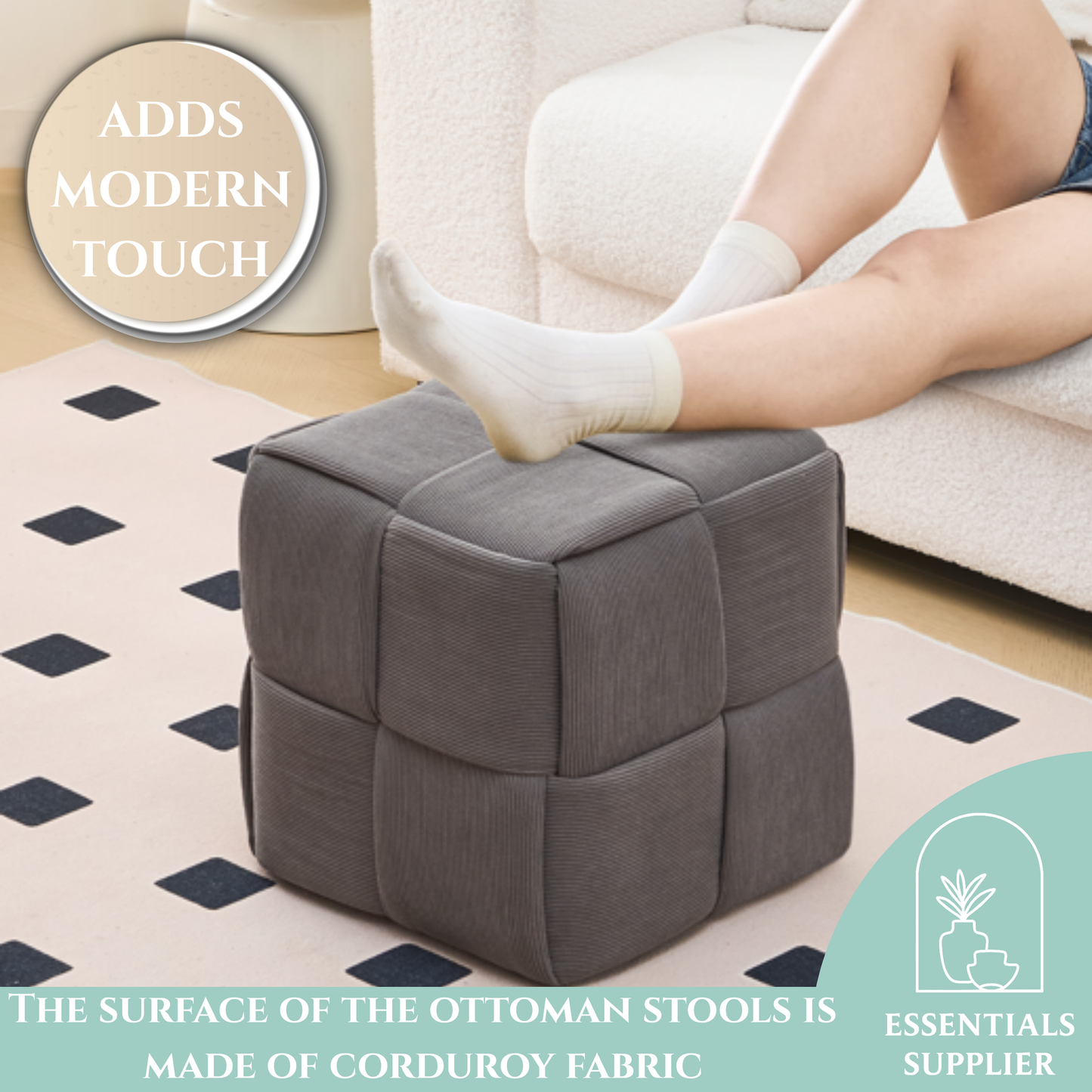 Grey Corduroy Ottoman Vanity Stool – Square Footrest for Bedroom & Entryway