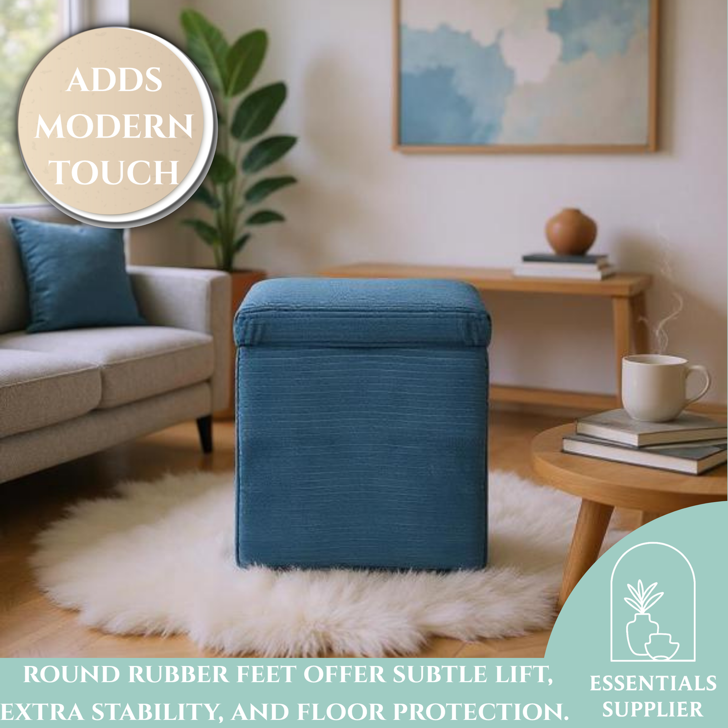 Blue Corduroy Storage Ottoman with Hidden Compartment – 16.5” Cube Seat