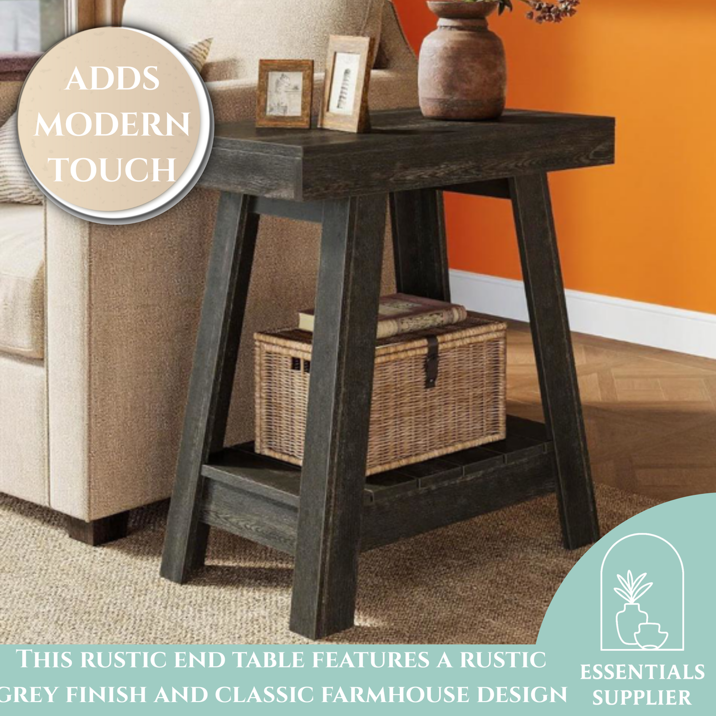 Rustic Grey Farmhouse End Table with 2 Open Shelves – Compact Side Storage
