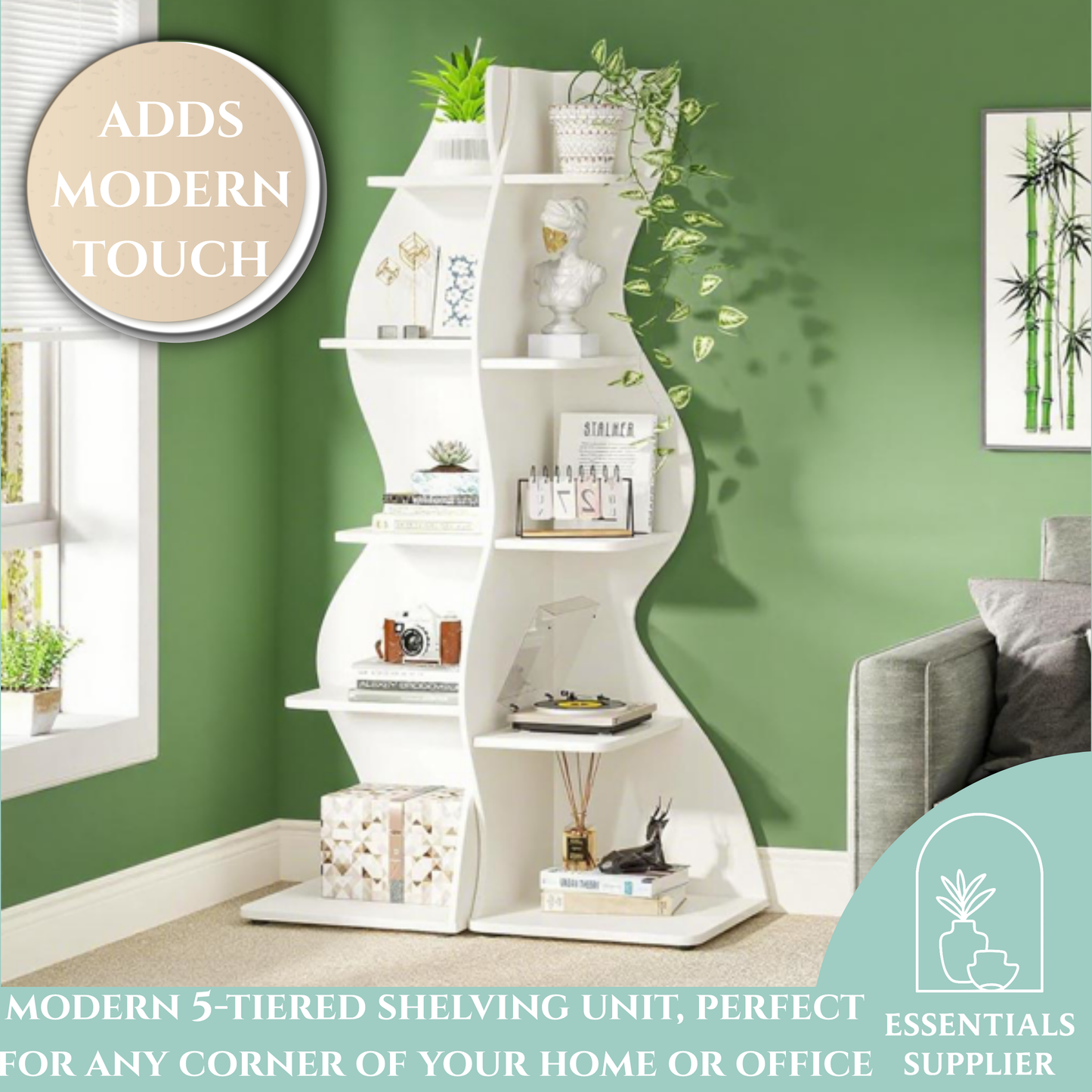 Bookcase Wavy 5-Tier White Corner Bookshelf – Modern Sculpted Storage Rack