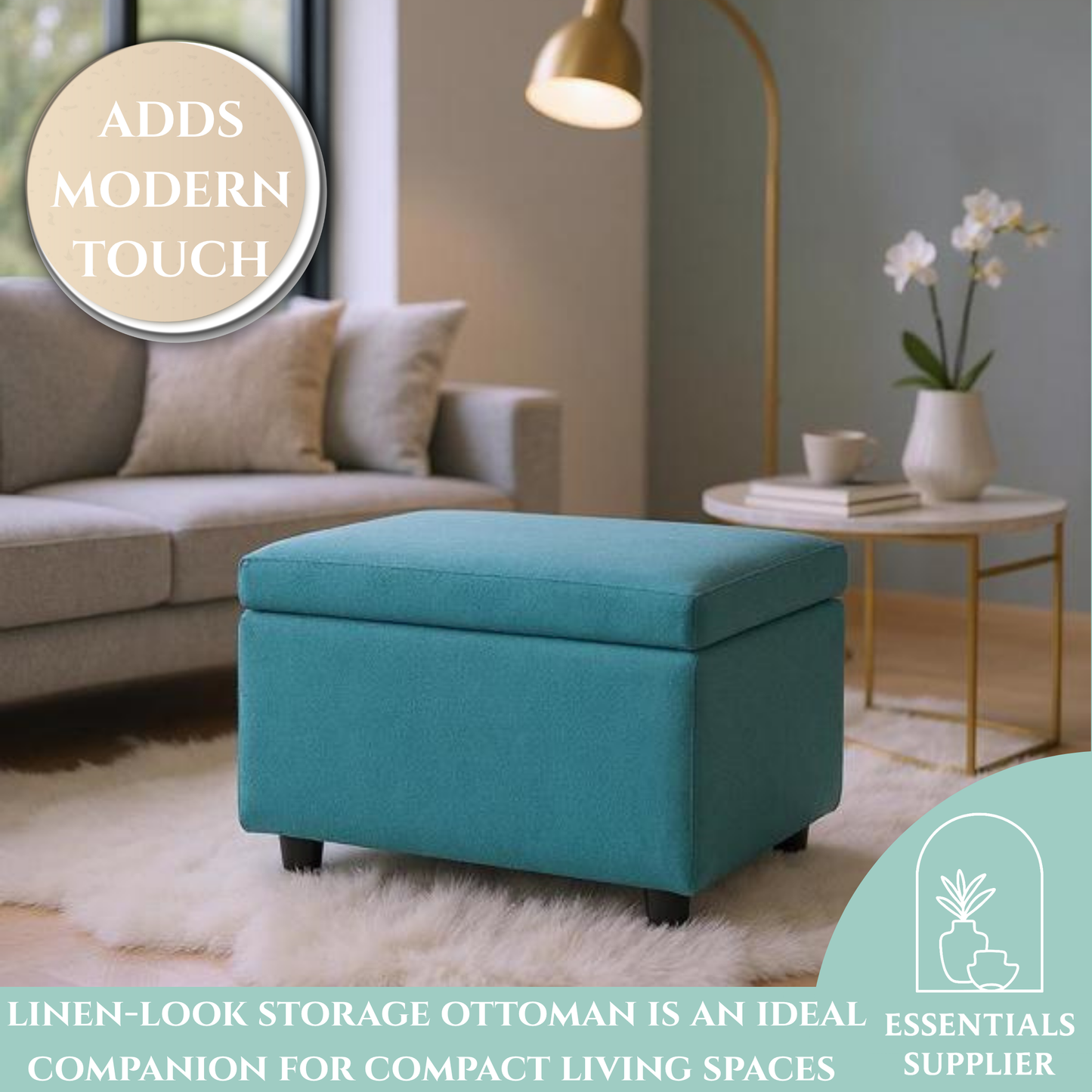 Blue Linen Storage Ottoman Bench with Hidden Compartment – 24.8" Wide