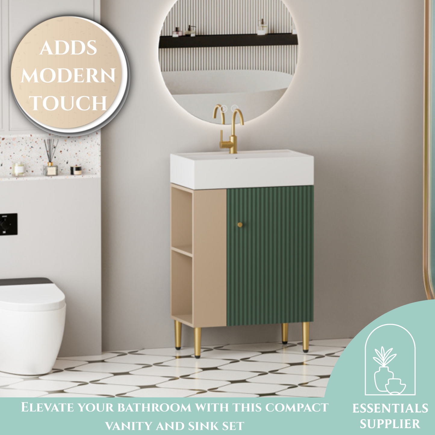 21.6" Bathroom Vanity with Sink, Open Shelf & Soft-Close Door, Green