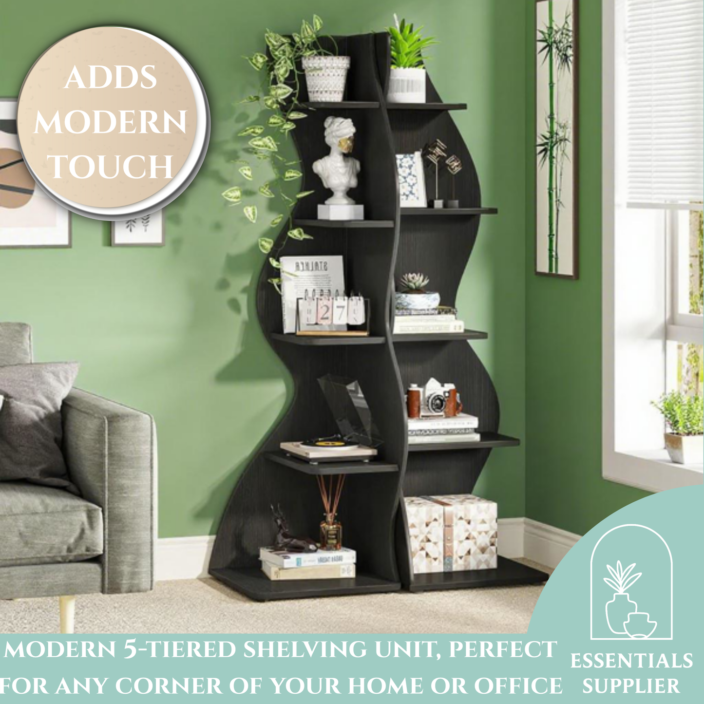Black Wavy 5-Tier Corner Bookshelf – Modern Sculpted Bookcase Storage Rack