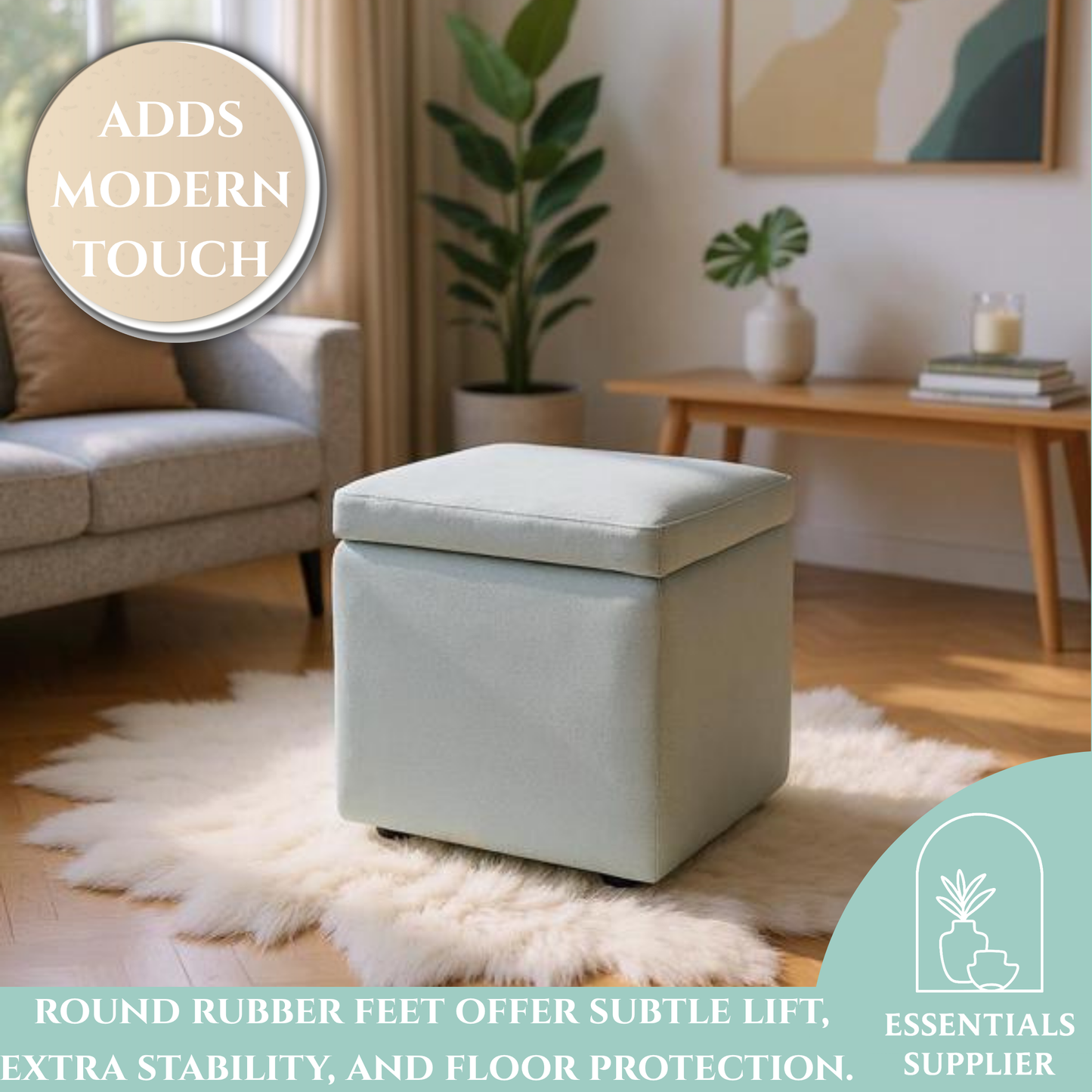 Gray Linen Storage Ottoman with Hidden Compartment – 16.5” Cube Seat