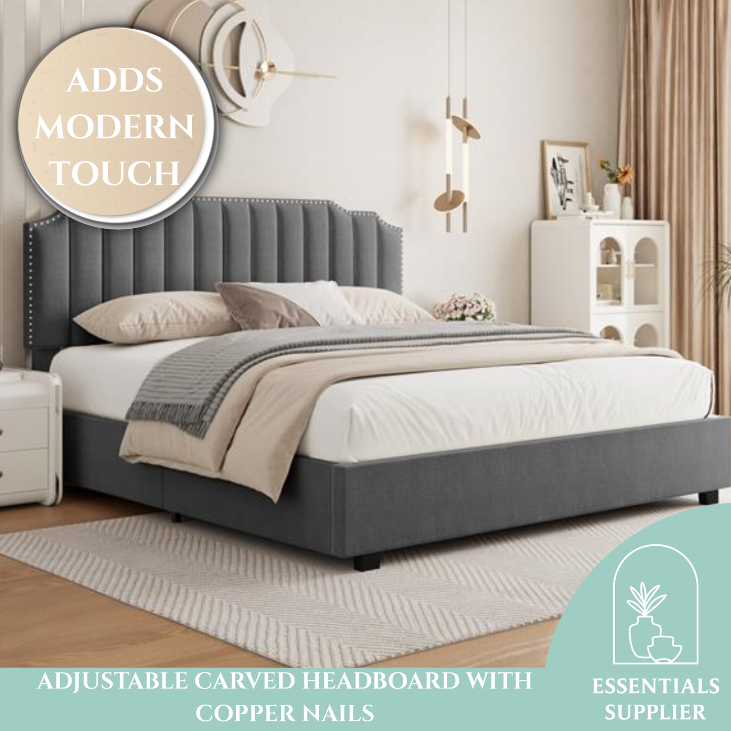Lift-Up Storage Queen Bed – Velvet Upholstered Platform Bed Frame, Grey