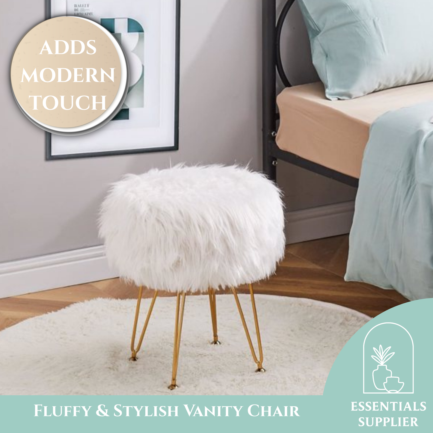 Faux Fur Ottoman Stool with Marble Tray, Footrest & Storage, White Vanity Seat