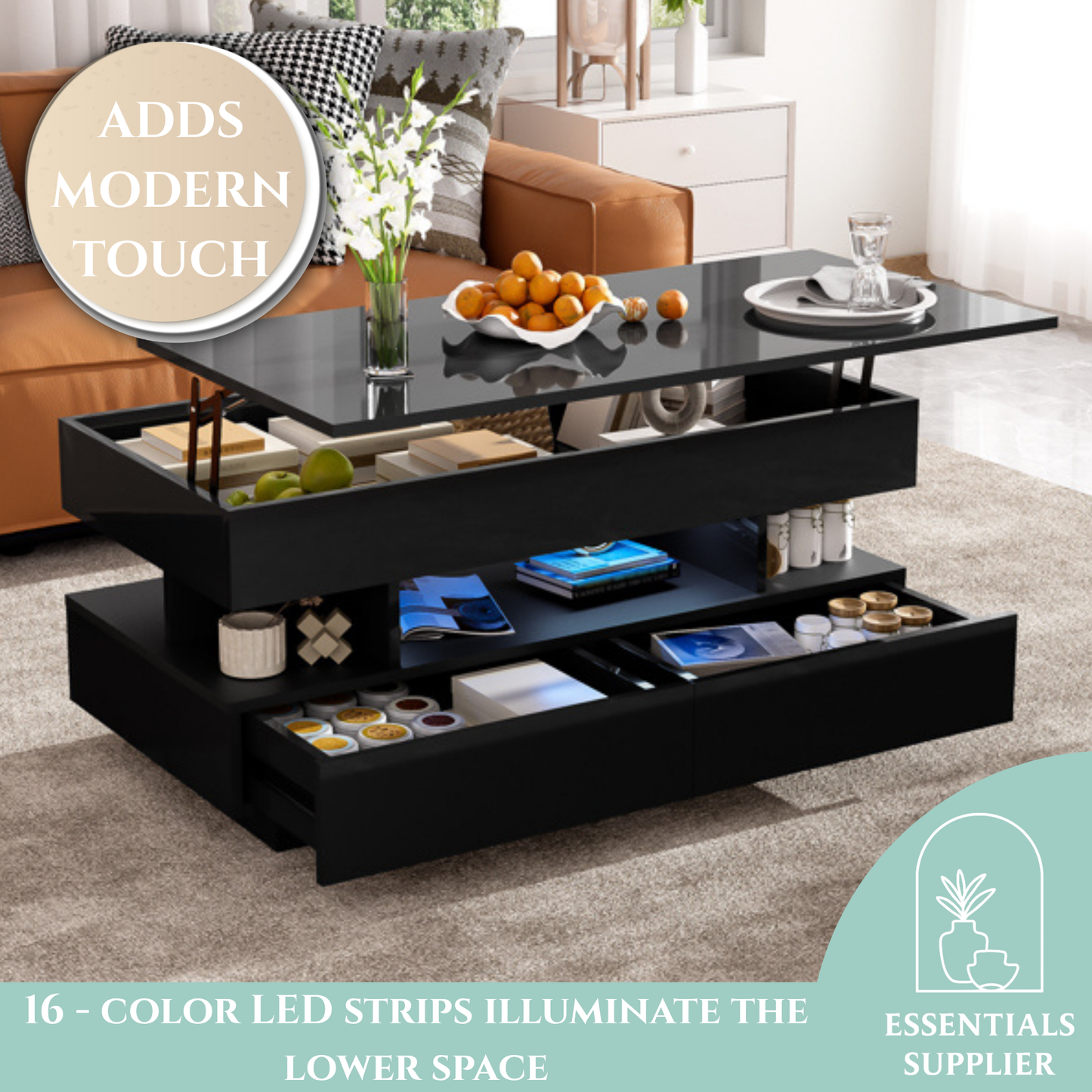 Black High-Gloss Coffee Table with Drawers, Extendable Top & 16-Color LED Lights