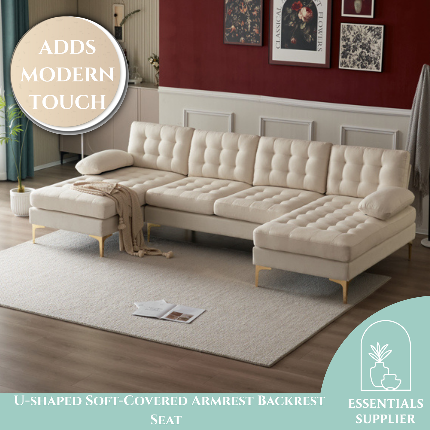 U-Shaped Sectional Sofa – Soft Armrest & Backrest, Wooden & Iron Frame with Gold Legs, Beige Upholstery