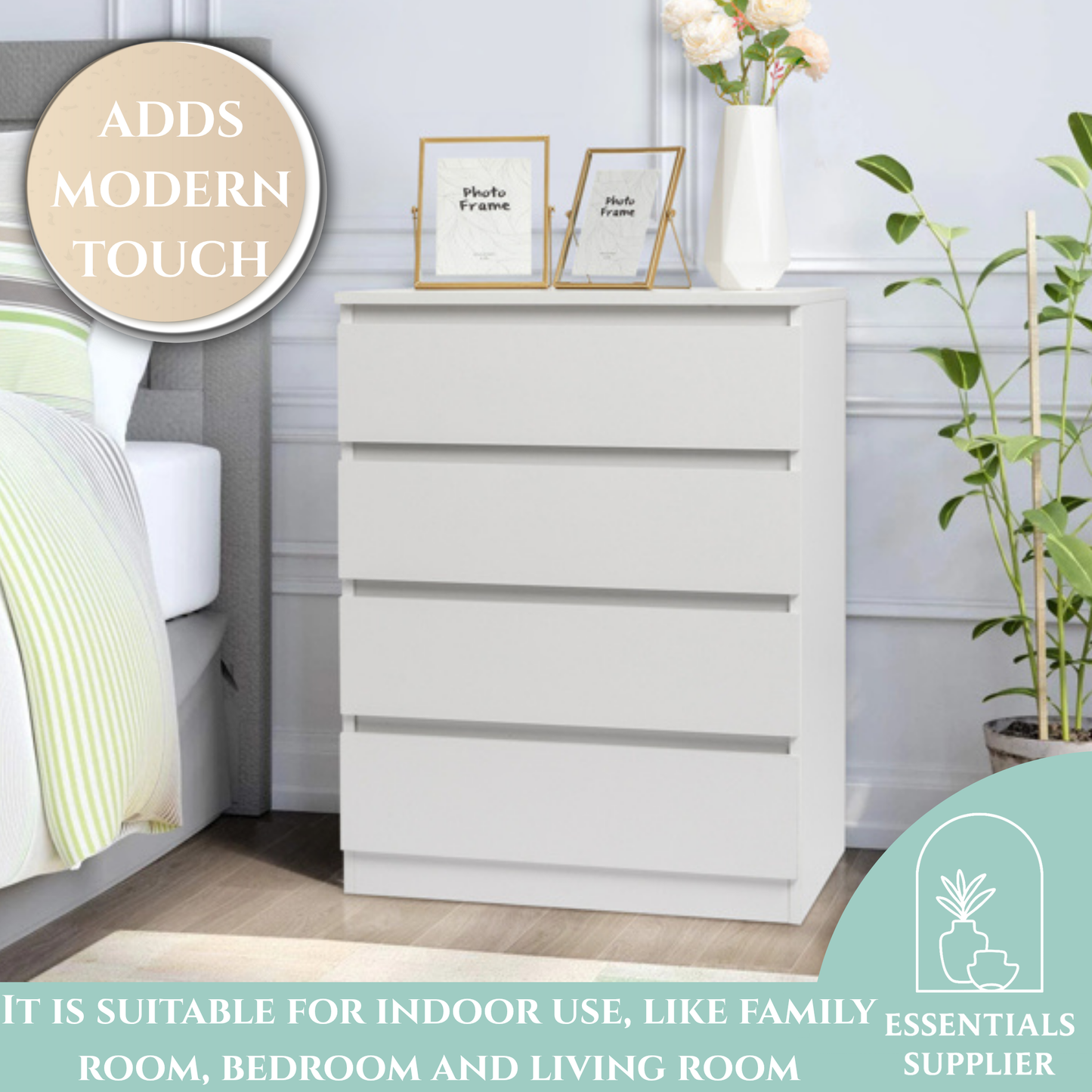 White Wood 4-Drawer Dresser – Compact Storage Cabinet for Bedroom or Living Room