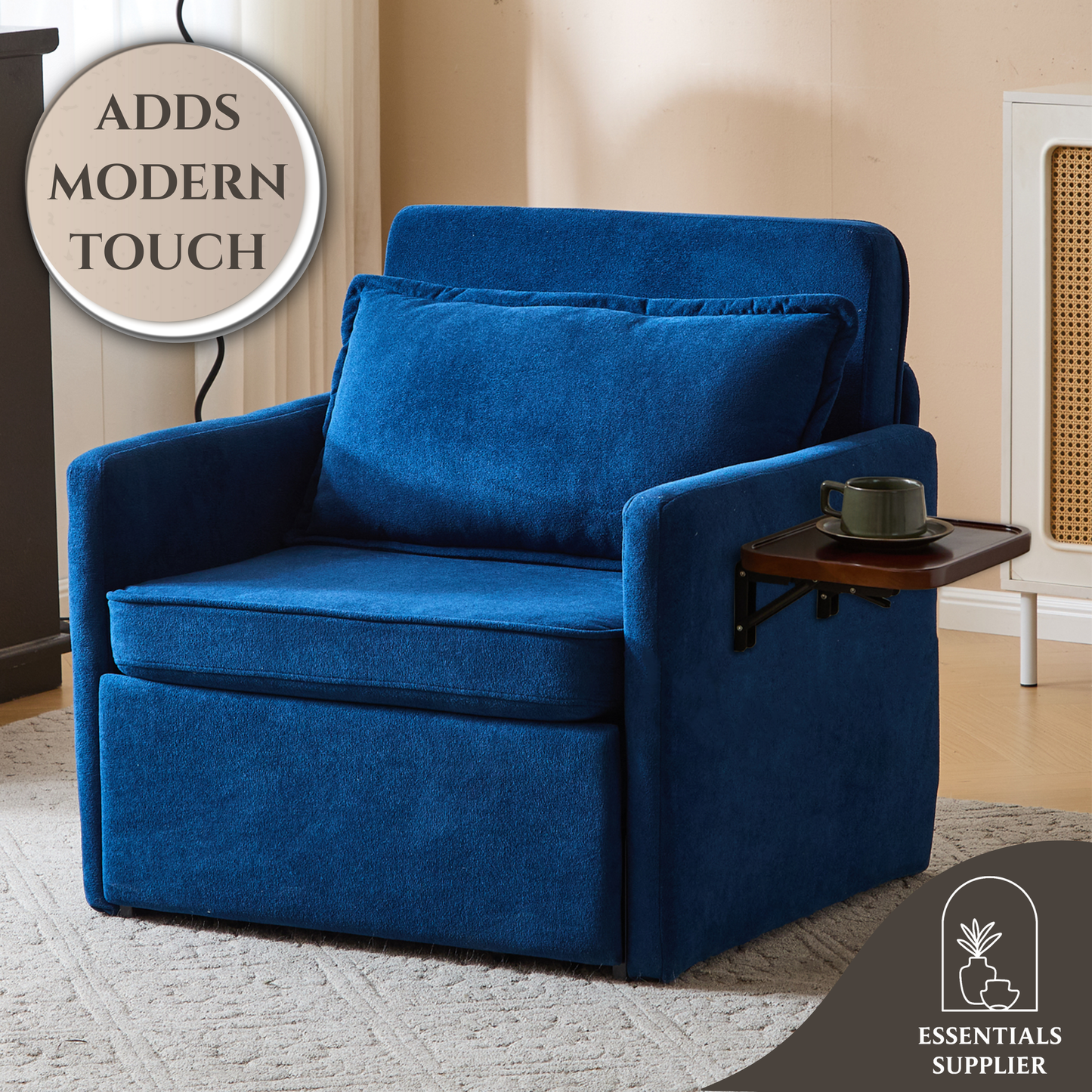 3-in-1 Sleeper Chair Bed with USB Tray, Blue Fabric Convertible Sofa