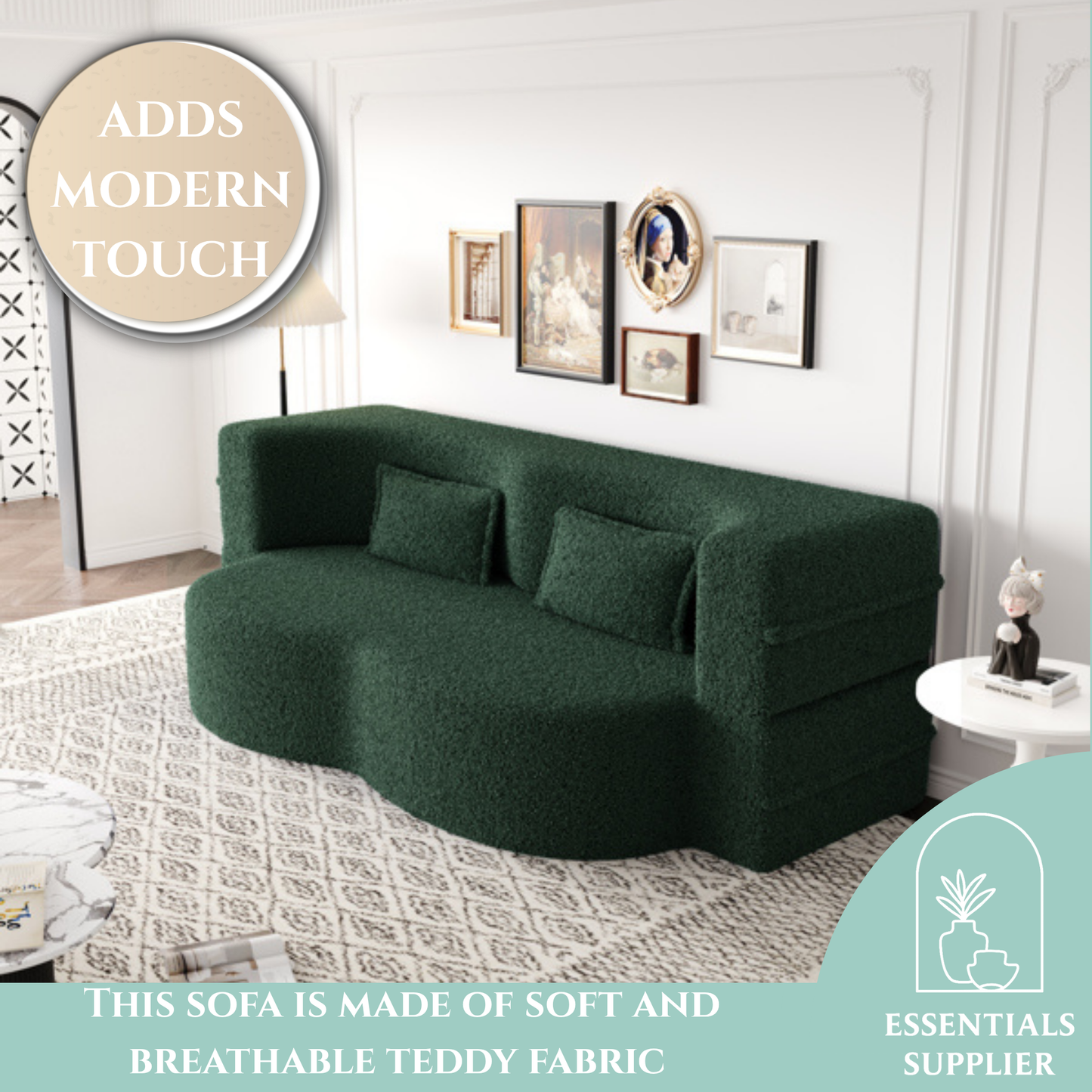Green Teddy Fabric Convertible Floor Sofa Bed with 2 Pillows, Full Size 78"