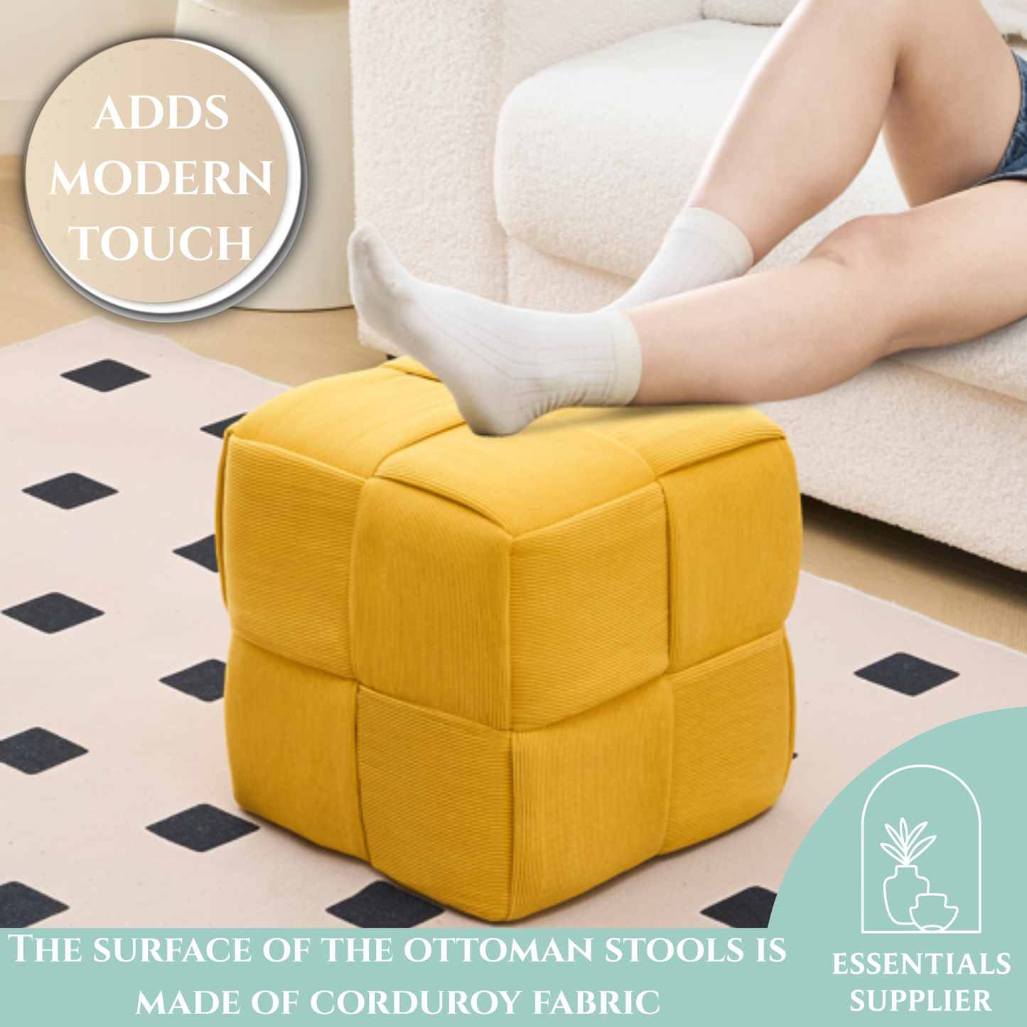 Yellow Corduroy Ottoman Vanity Stool – Square Footrest for Bedroom & Entryway