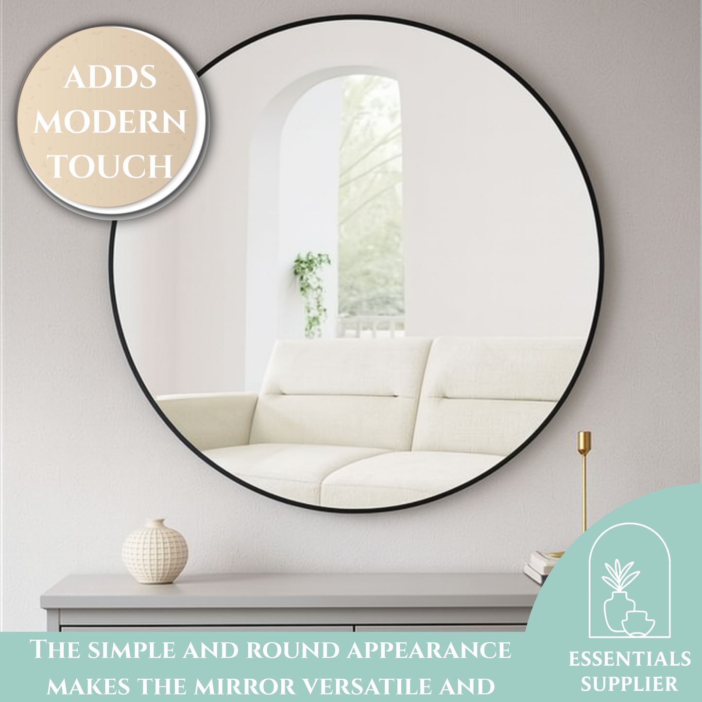 39" Black Round Wall Mirror – Modern Metal Frame for Bathroom or Bedroom
