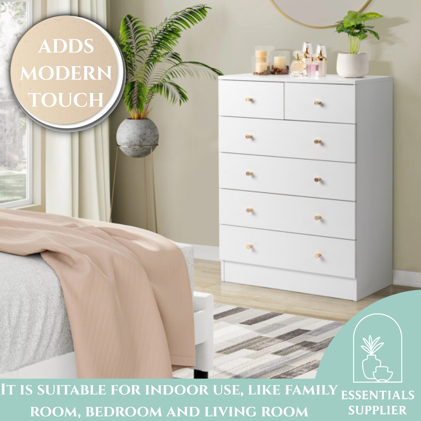 Modern White 6-Drawer Dresser – Minimalist Storage Cabinet for Bedroom or Living Room