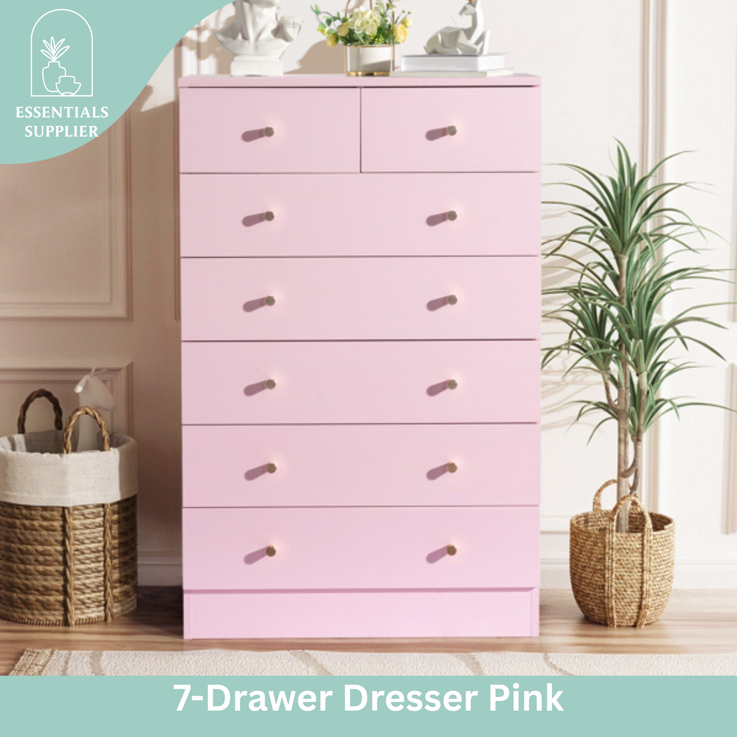 Modern Pink 7-Drawer Dresser – Space-Saving Storage for Bedroom or Home