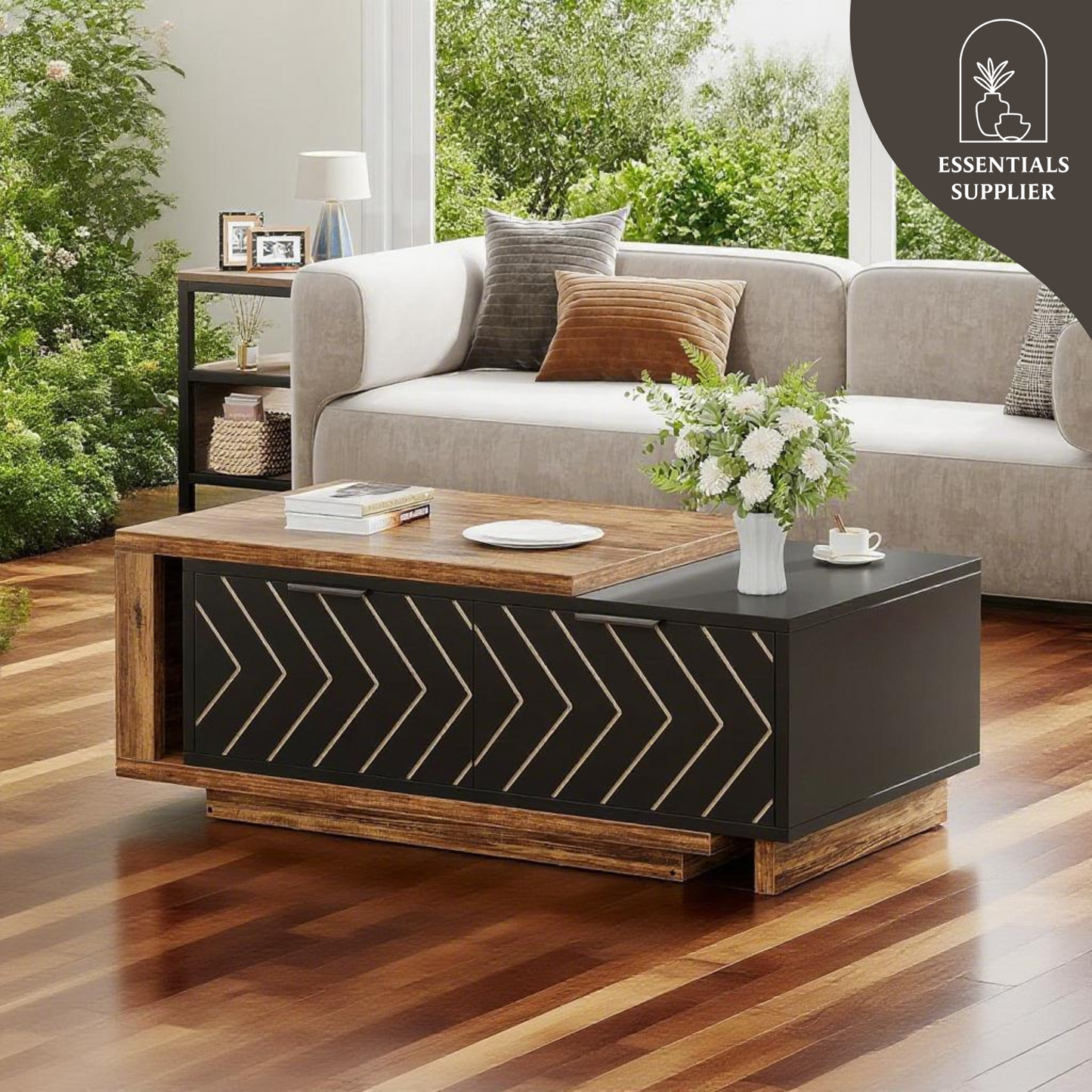 Expandable Dual-Tone Coffee Table – Walnut & Oak with Storage Drawers