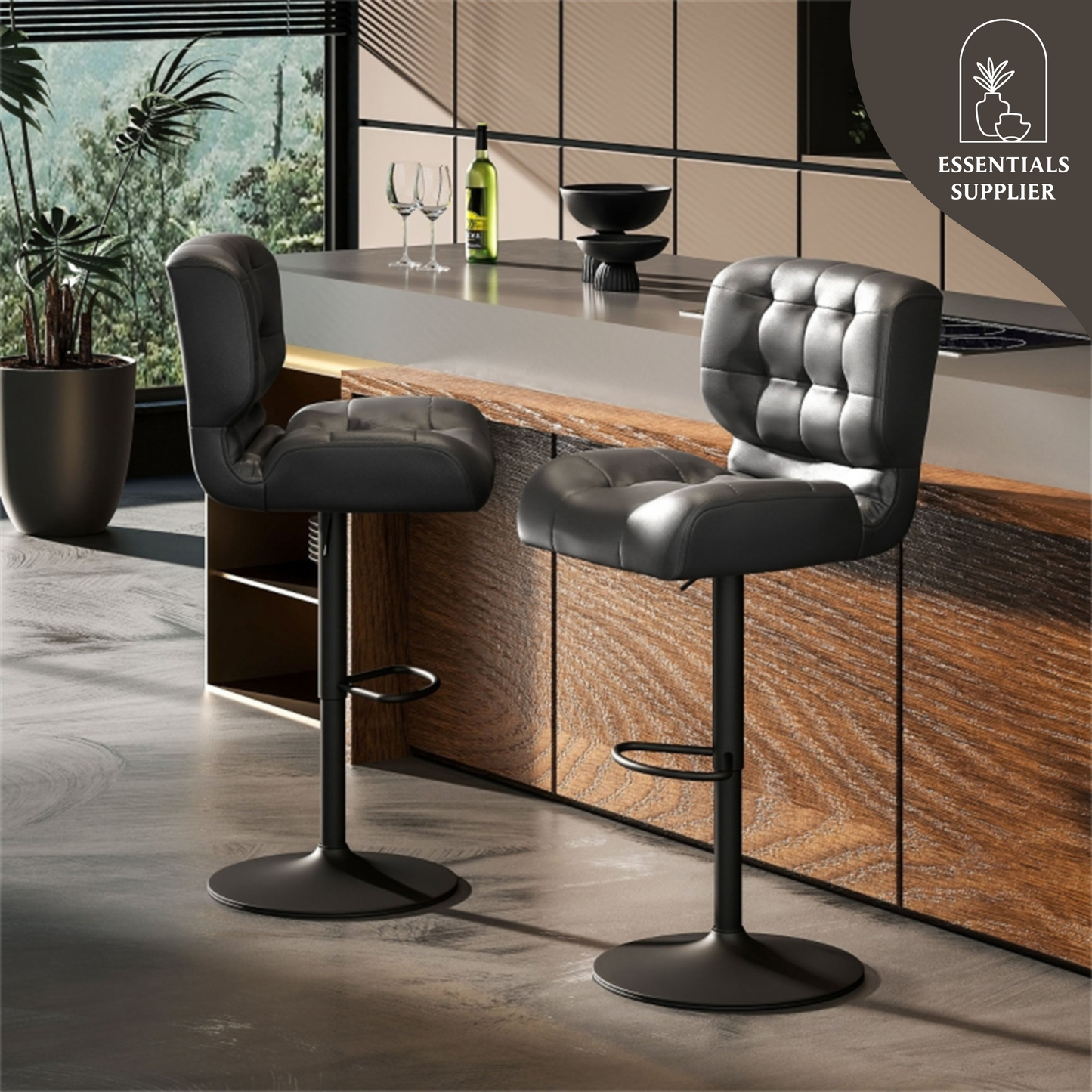 Set of 2 Adjustable Black Bar Stools with Swivel Seats & Tufted Backrest