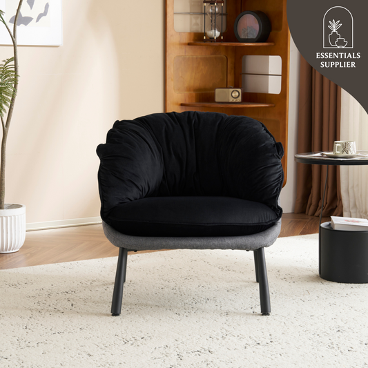 Modern Velvet Barrel Accent Chair with Metal Legs – Black Armchair