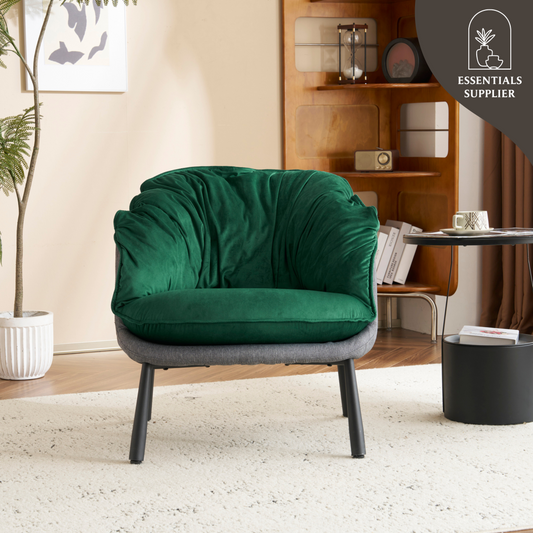 Modern Velvet Barrel Accent Chair with Metal Legs – Green Armchair
