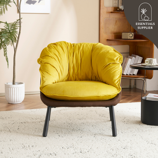 Modern Velvet Barrel Accent Chair with Metal Legs – Yellow Armchair