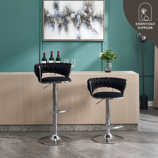 Set of 2 Black Velvet Bar Stools with Chrome Base & Swivel Adjustable Height
