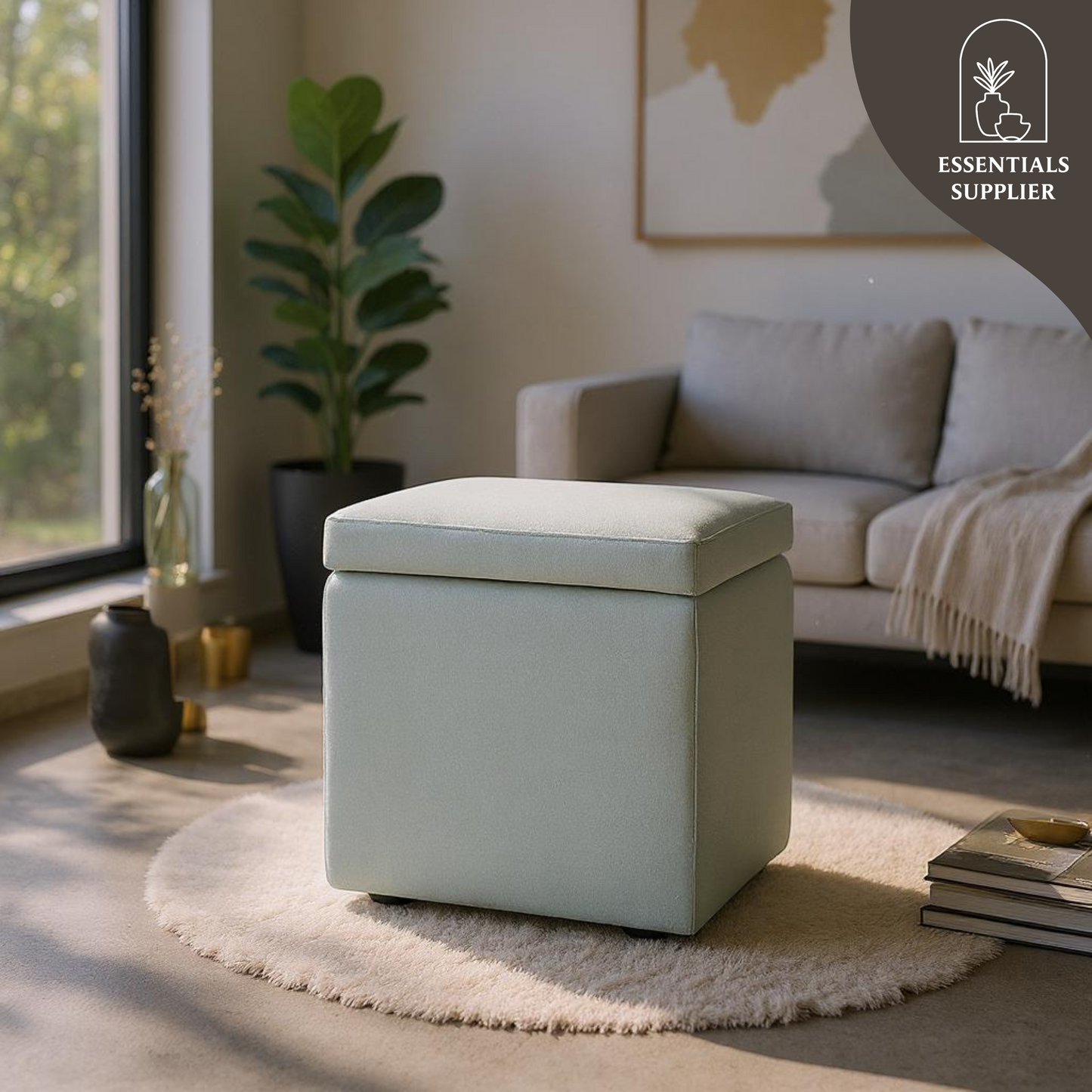 Gray Linen Storage Ottoman with Hidden Compartment – 16.5” Cube Seat