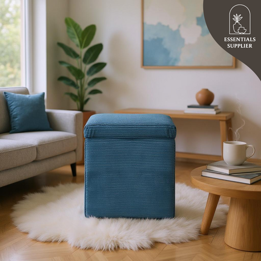 Blue Corduroy Storage Ottoman with Hidden Compartment – 16.5” Cube Seat