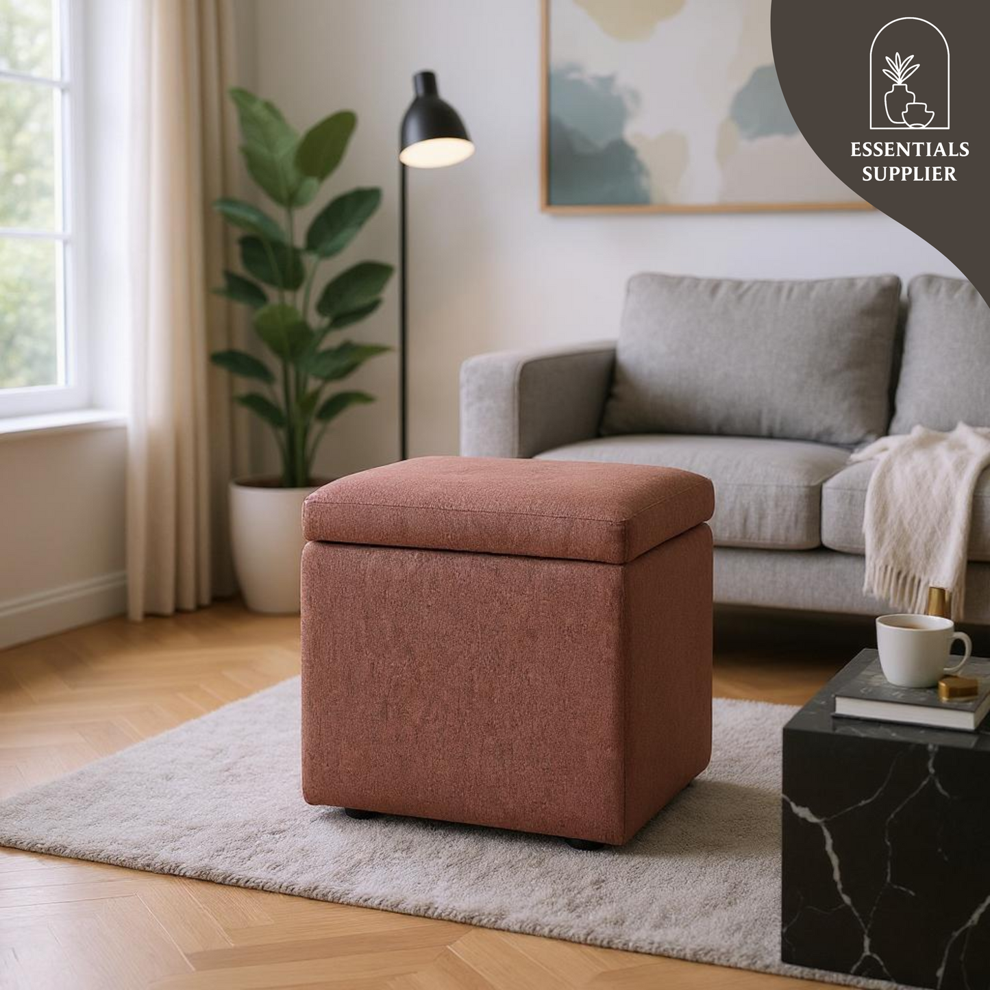 Brown Corduroy Storage Ottoman with Hidden Compartment – 16.5” Cube Seat