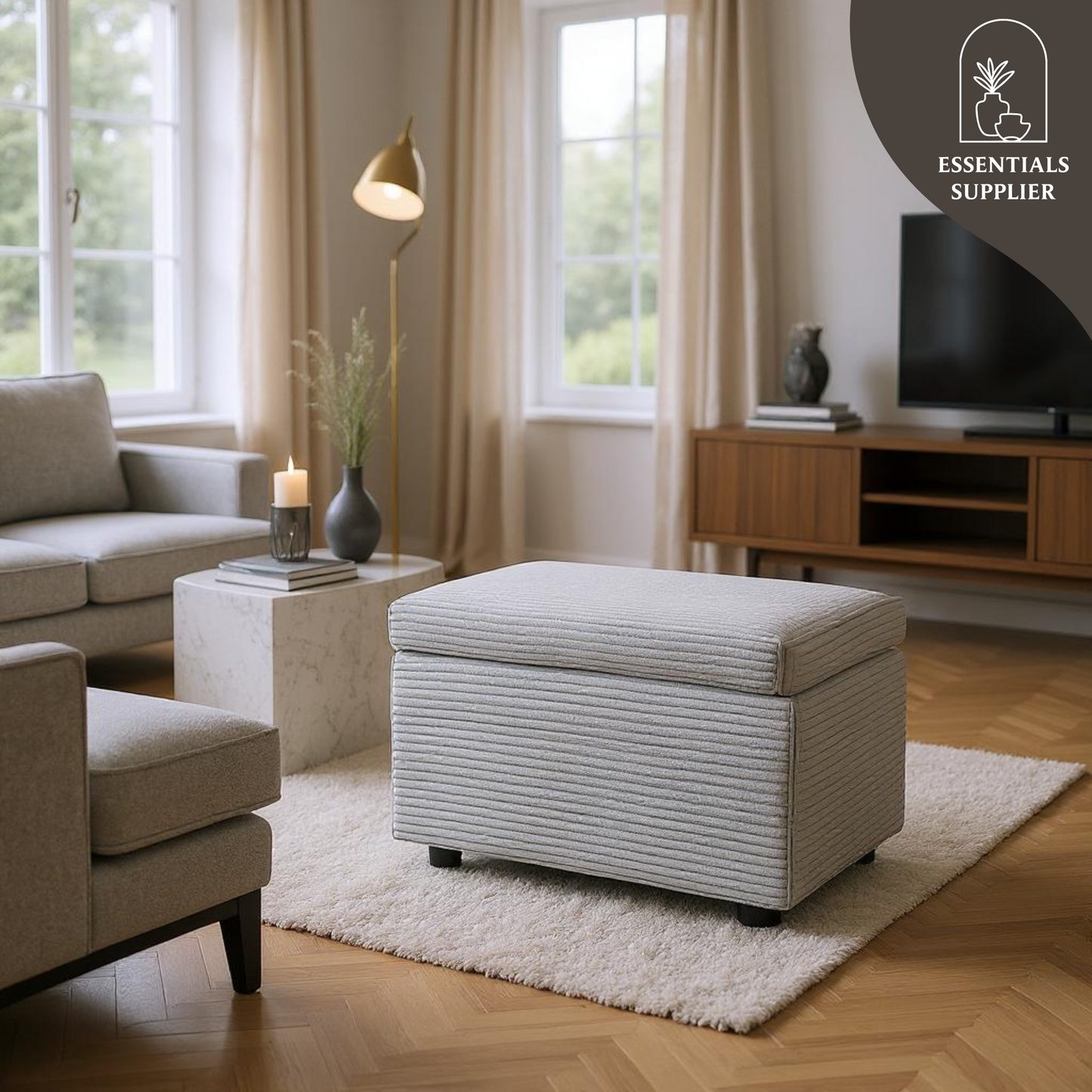 Light Gray Corduroy Storage Ottoman Bench with Hidden Compartment – 24.8