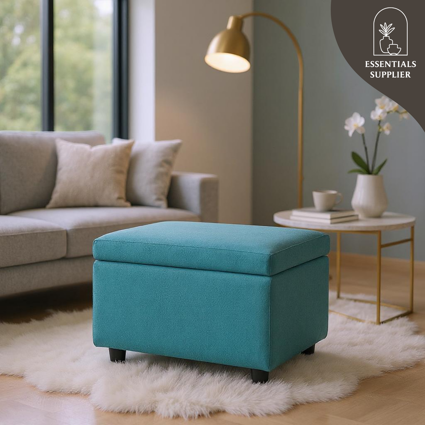 Blue Linen Storage Ottoman Bench with Hidden Compartment – 24.8" Wide