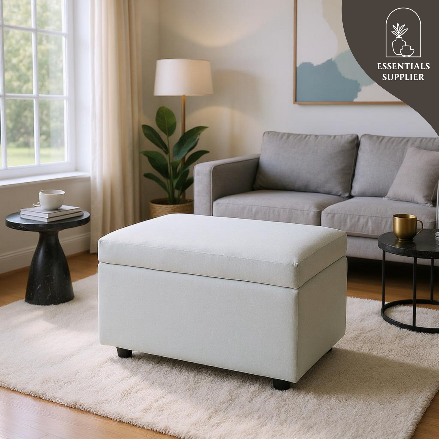 Beige Linen Storage Ottoman Bench with Hidden Compartment, 63×43×43cm