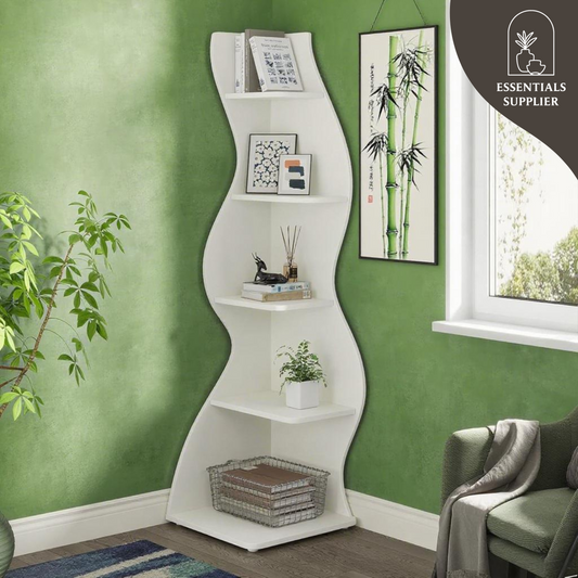 Bookcase Wavy 5-Tier White Corner Bookshelf – Modern Sculpted Storage Rack