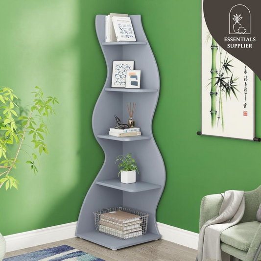Bookcase Wavy 5-Tier Blue Corner Bookshelf – Modern Sculpted Storage Rack