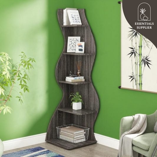 Dark Brown Wavy 5-Tier Corner Bookshelf – Modern Sculpted Bookcase Storage Rack