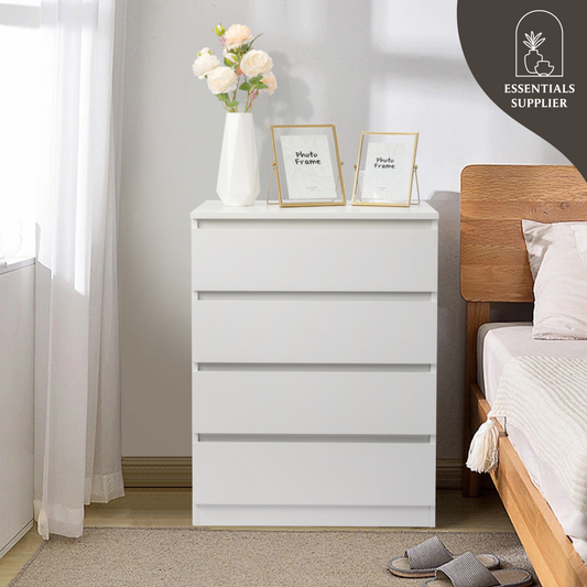 White Wood 4-Drawer Dresser – Compact Storage Cabinet for Bedroom or Living Room