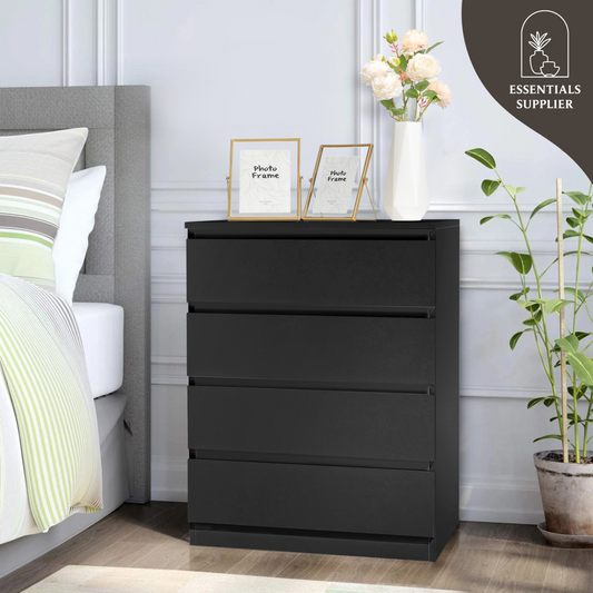 Black Wood 4-Drawer Dresser – Modern Storage Cabinet