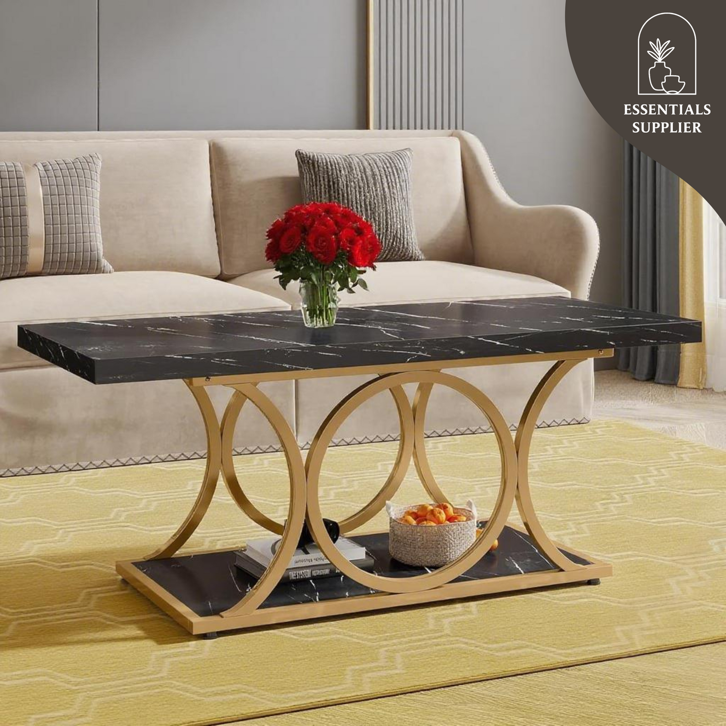 Rustic Black & Wood 2-Tier Coffee Table with Geometric Metal Base