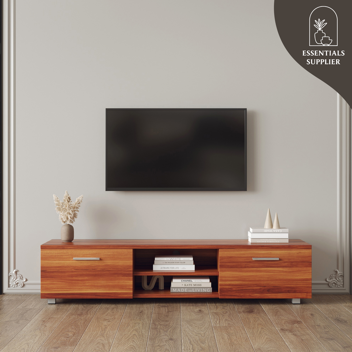 Walnut TV Stand for 70” TVs – Media Console with Drawers & Shelves