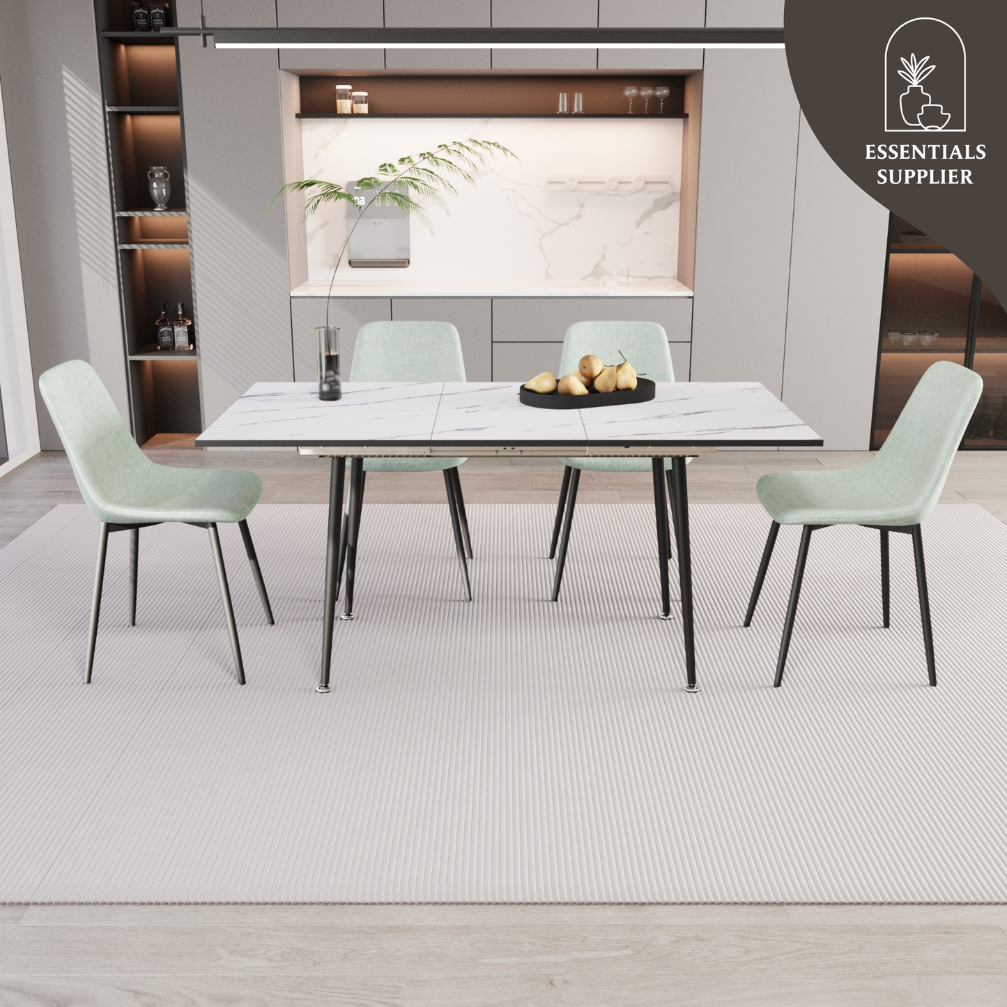 Extendable White Dining Table Set with 4 Green Chairs – Seats 2–6