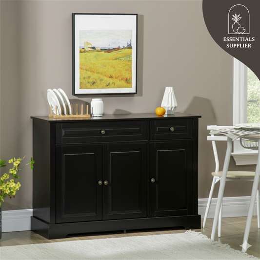 Black Kitchen Storage Cabinet – 3-Door Sideboard with Drawers & Shelves