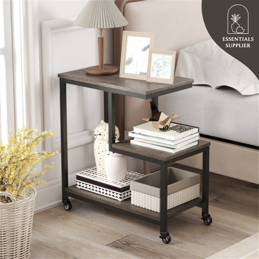 G-Shaped 3-Tier Gray End Table with Wheels – Mobile Storage Side Table