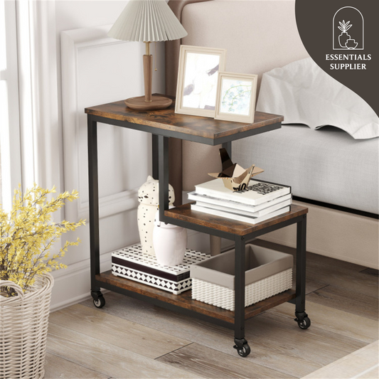 G-Shaped 3-Tier Brown End Table with Wheels – Mobile Storage Side Table