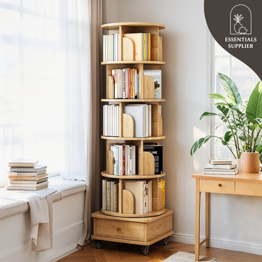 6-Tier 360° Rotating Bookshelf with Wheels & Drawer, Space-Saving Wood Color