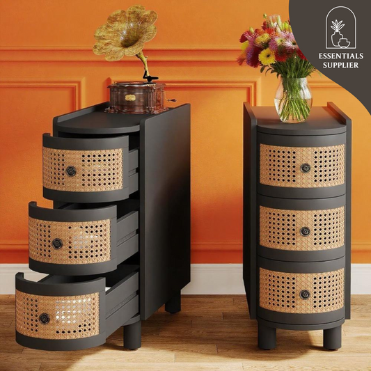 Rattan 3-Drawer Coffee Table with Vintage Metal Handles – Rustic Storage End Table