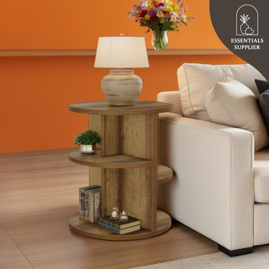 Farmhouse Round Coffee Table with 3-Tier Storage – Rustic Brown Sofa Side Table