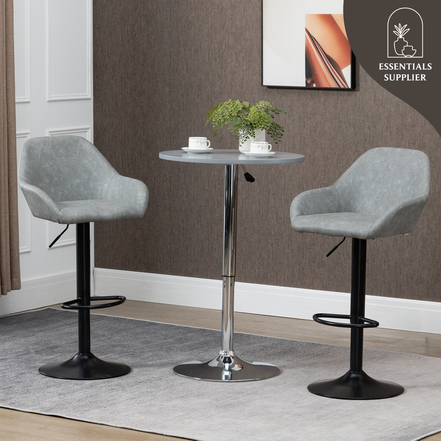 Set of 2 Grey PU Leather Adjustable Swivel Bar Stools with Footrest – Modern Counter Chairs