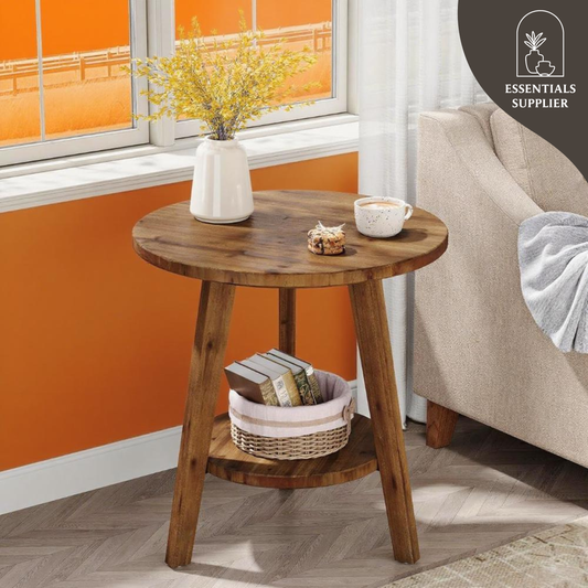 Rustic Solid Wood Round Side Table with Shelf – Natural Fir Coffee End Table