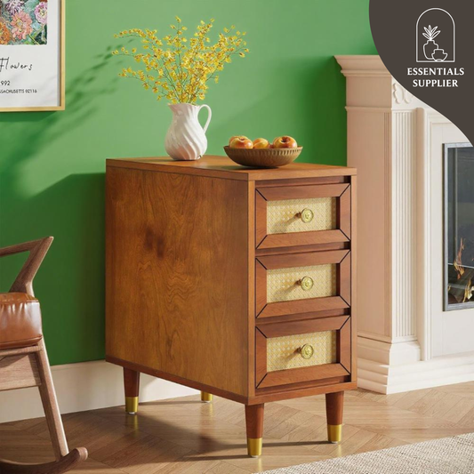 Solid Wood Coffee Table with 3 Rattan Drawers – Rustic Boho Accent End Table