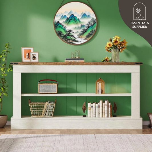 Modern Farmhouse Console Table with 2-Tier Shelves – White & Natural Wood